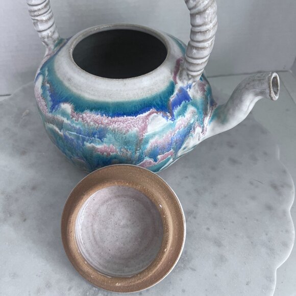 Artisan Made Small House Pottery Teapot With Lid Blue & Pink Ceramic Sanger TX - Picture 6 of 9